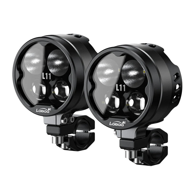 LOBOO L11 Motorcycle Auxiliary Lights – 15000LM High/Low Beam with 3 Warning Modes, IP68 Waterproof, Intelligent Temp Control (Pair)